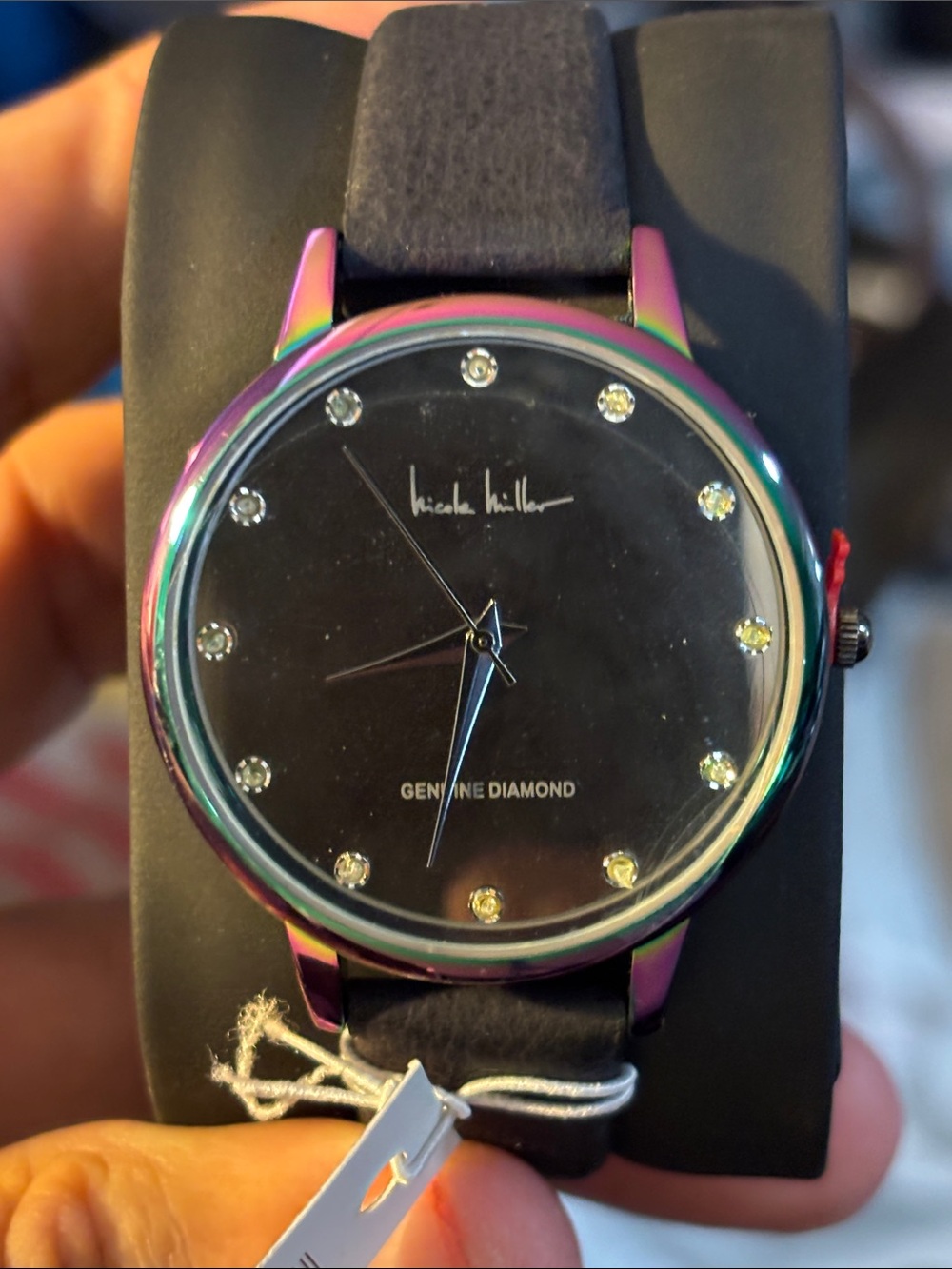Nicole Miller Black Dial Watch with Iridescent Multi-Tone Case and Black Strap